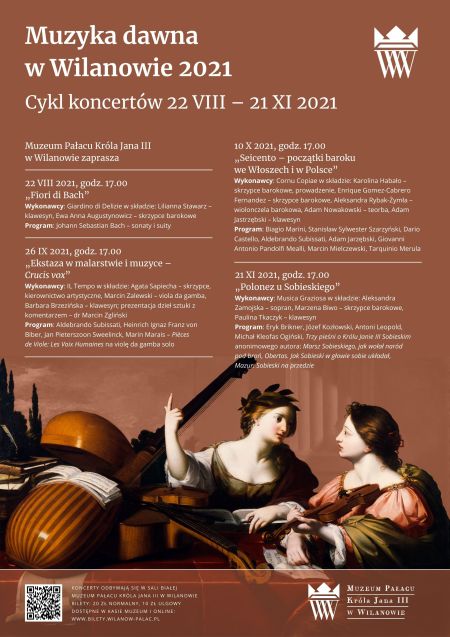 Brązowe tło, napis Muzyka Dawna w Wilanowie 2021,  2 postaci kobiece w strojach z epoki baroku, obok nich instrumenty, szczegóły w artykule i w załącznikach. 