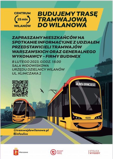 plakat zapraszający na spotkanie dotyczące budowy tramwaju do Wilanowa, informacje zawarte na plakacie znajdują się w treści artykułu zamieszczonego na stronie internetowej 